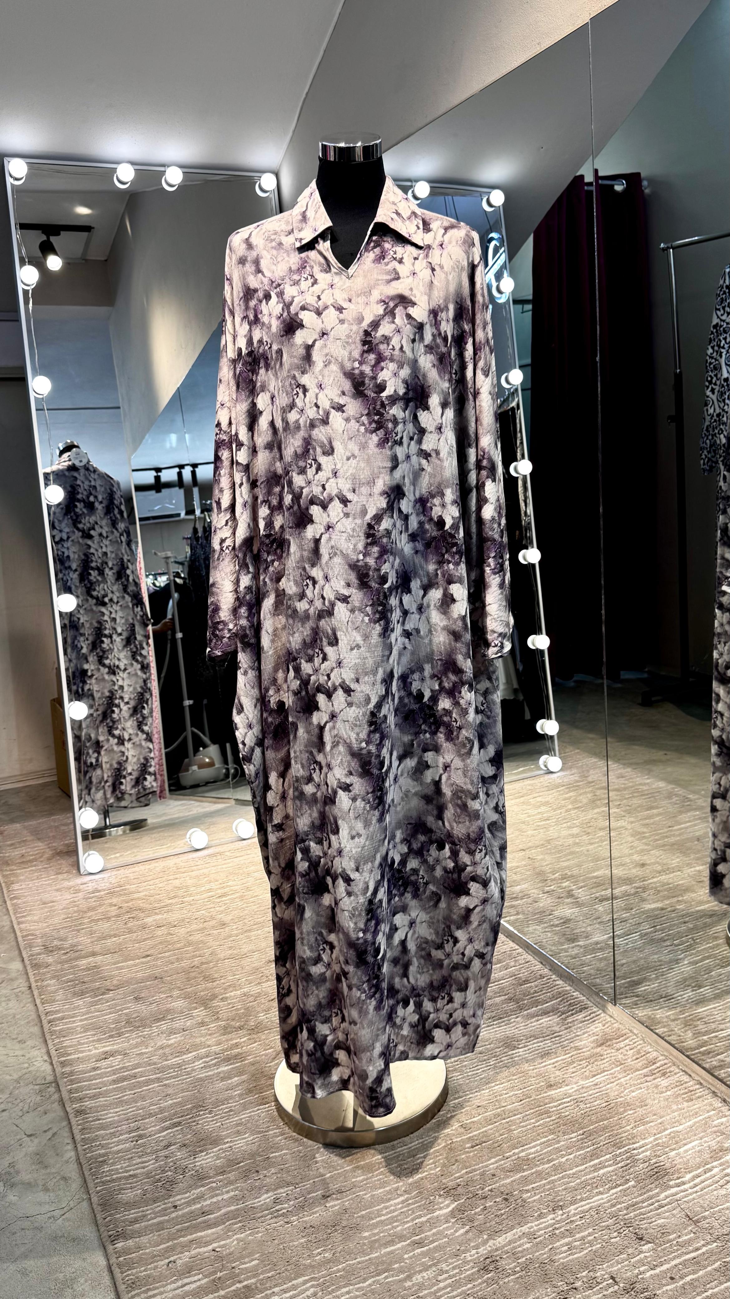 Lavender & gray Floral cotton V neck dress