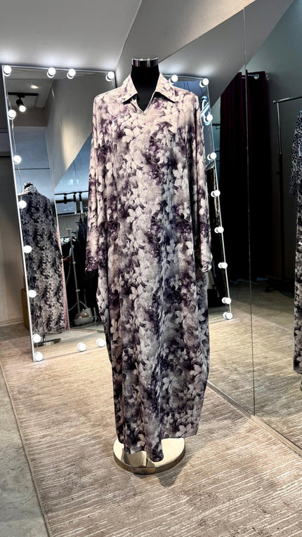 Lavender & gray Floral cotton V neck dress
