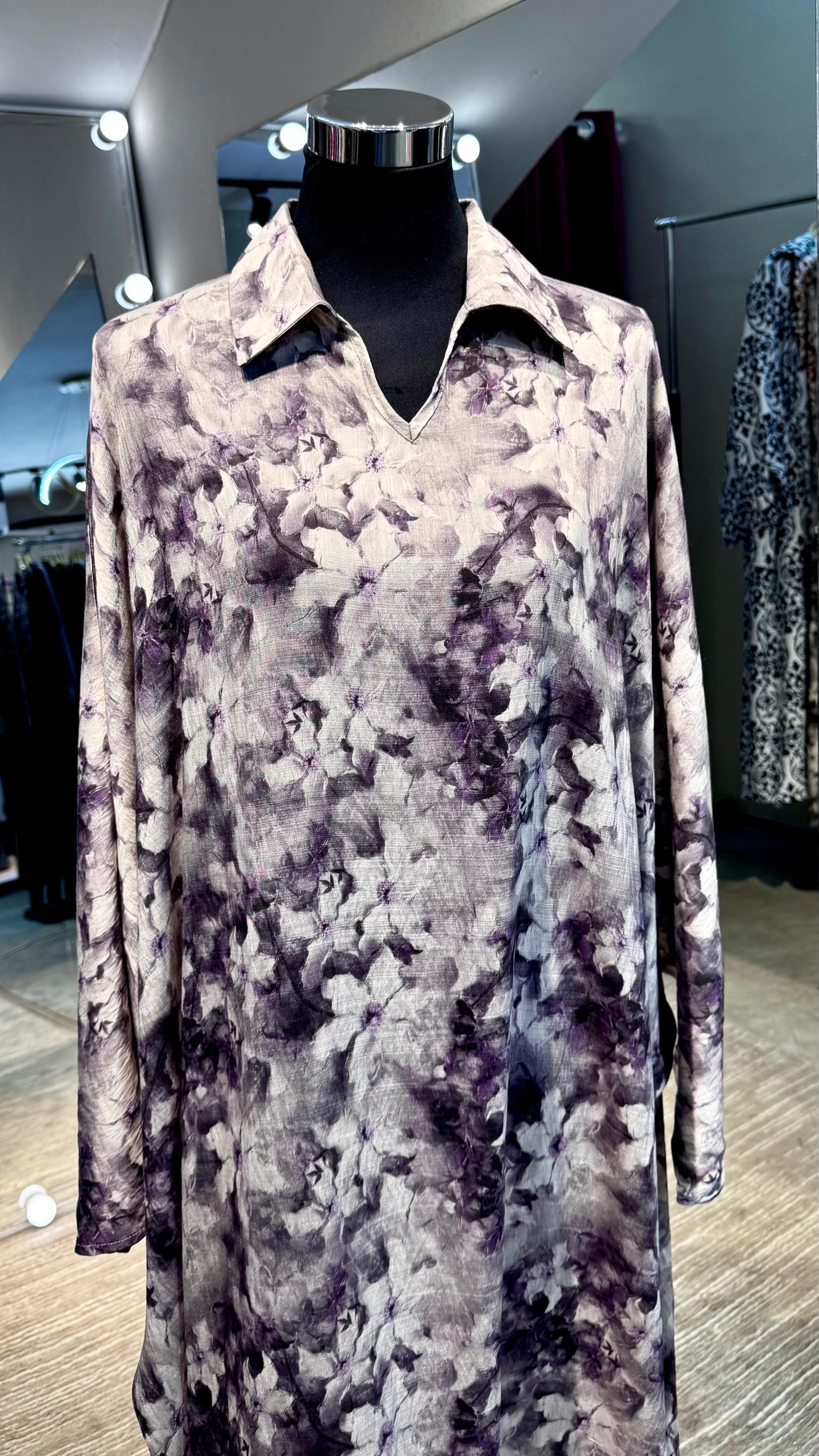 Lavender & gray Floral cotton V neck dress
