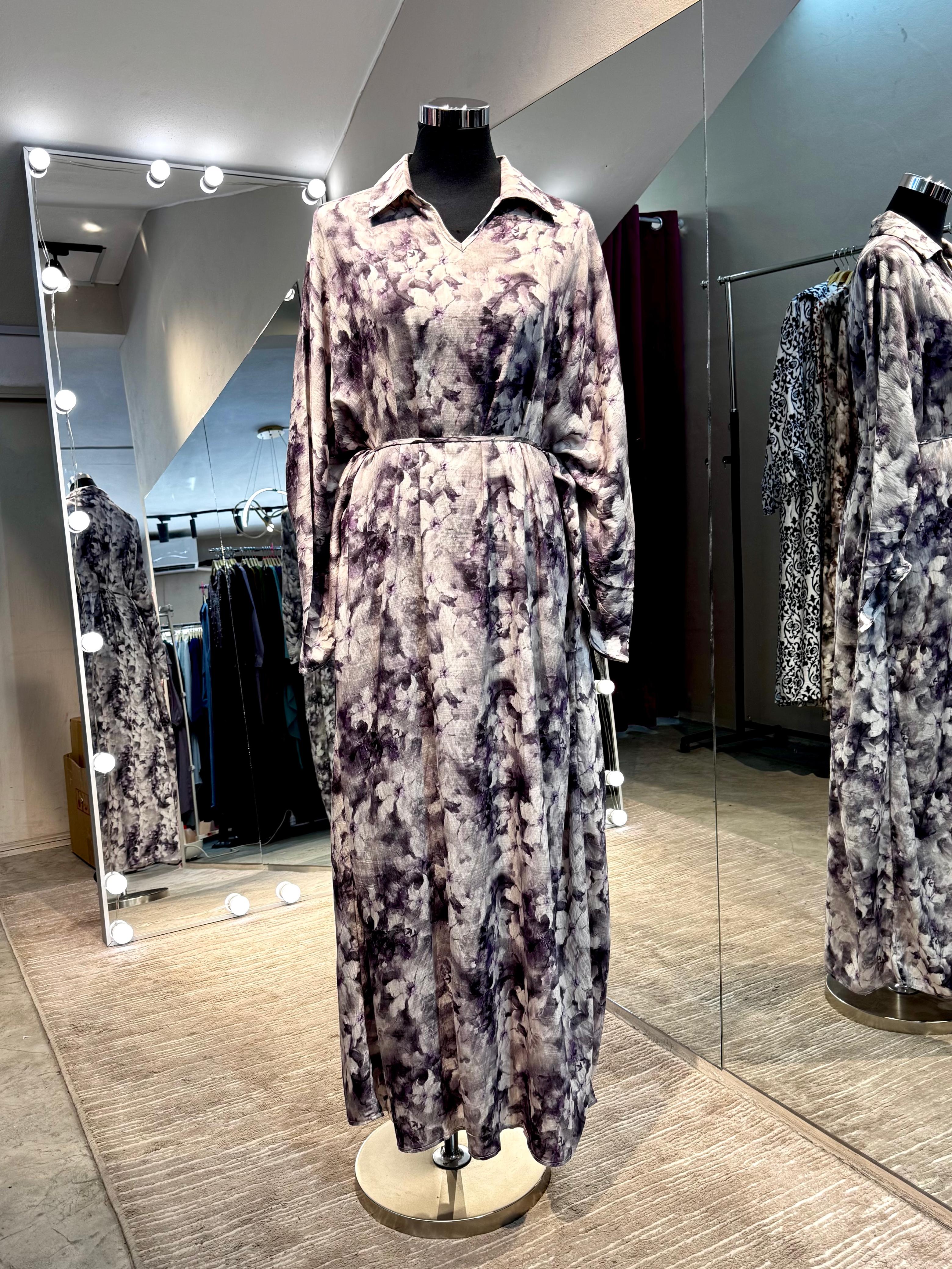 Lavender & gray Floral cotton V neck dress