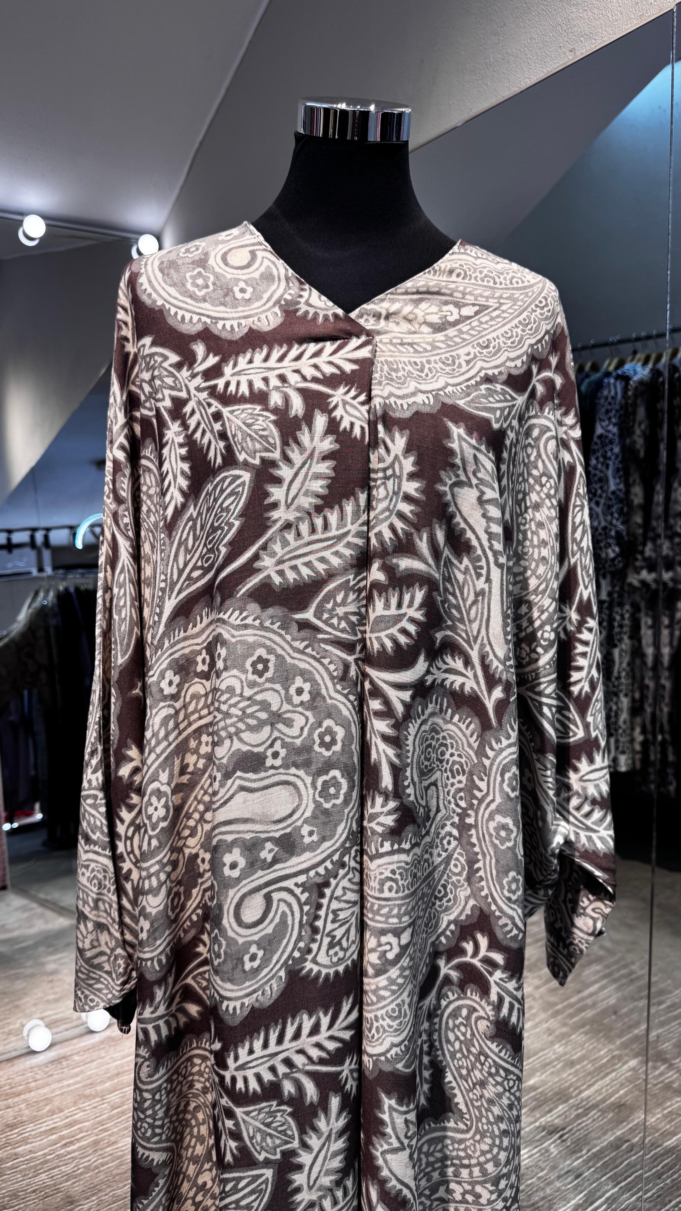 Brown cotton V neck dress with Kashmir printing