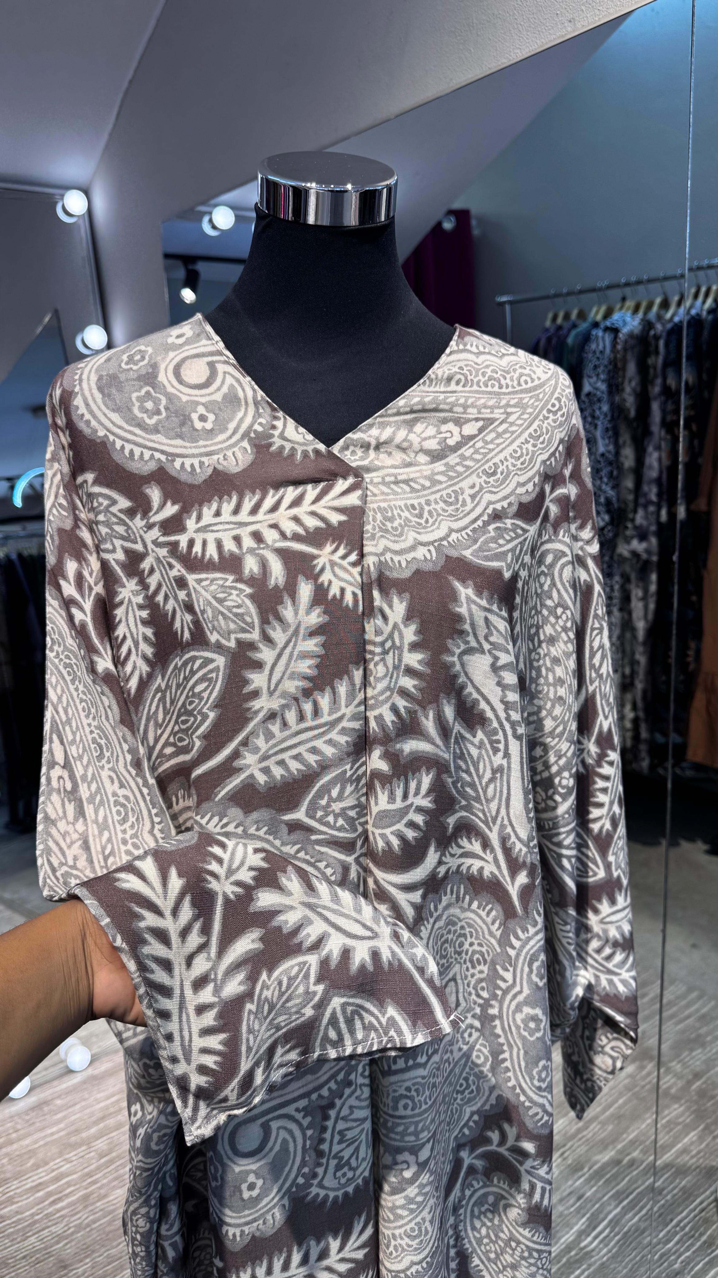 Brown cotton V neck dress with Kashmir printing