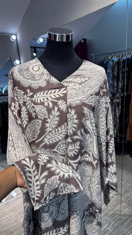 Brown cotton V neck dress with Kashmir printing