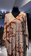 Rust cotton V neck dress with kashmir printing