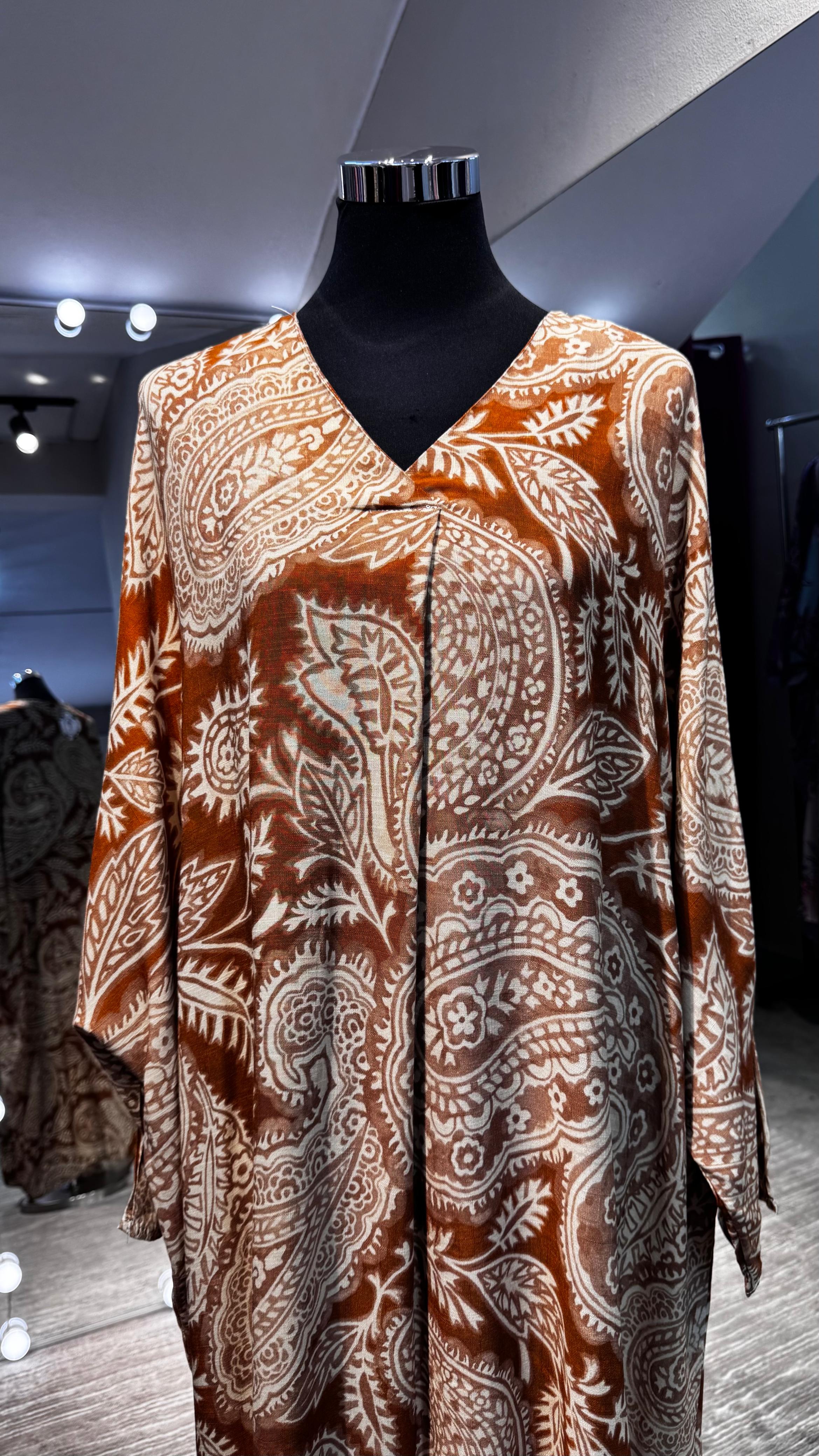 Rust cotton V neck dress with kashmir printing