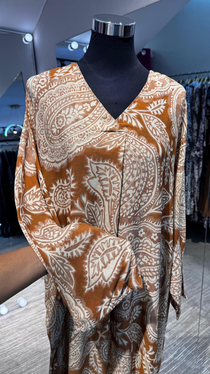 Rust cotton V neck dress with kashmir printing