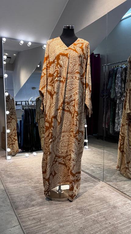 Rust cotton V neck dress with kashmir printing