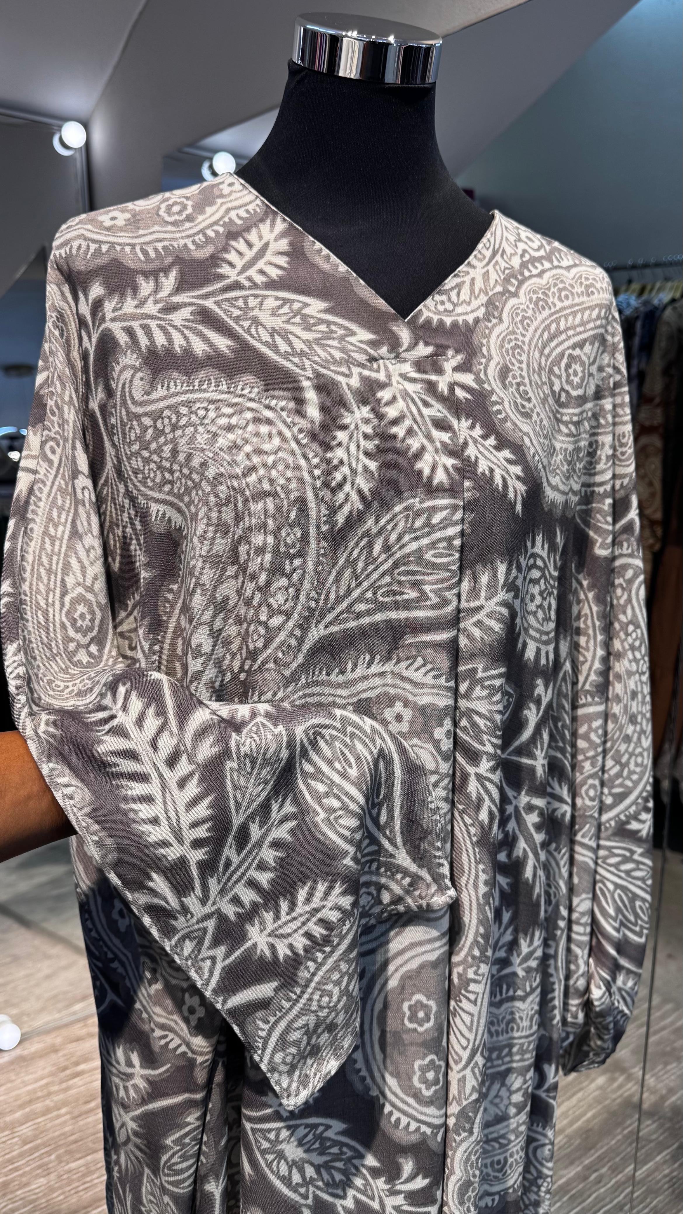 Dark gray cotton V neck dress with Kashmir printing