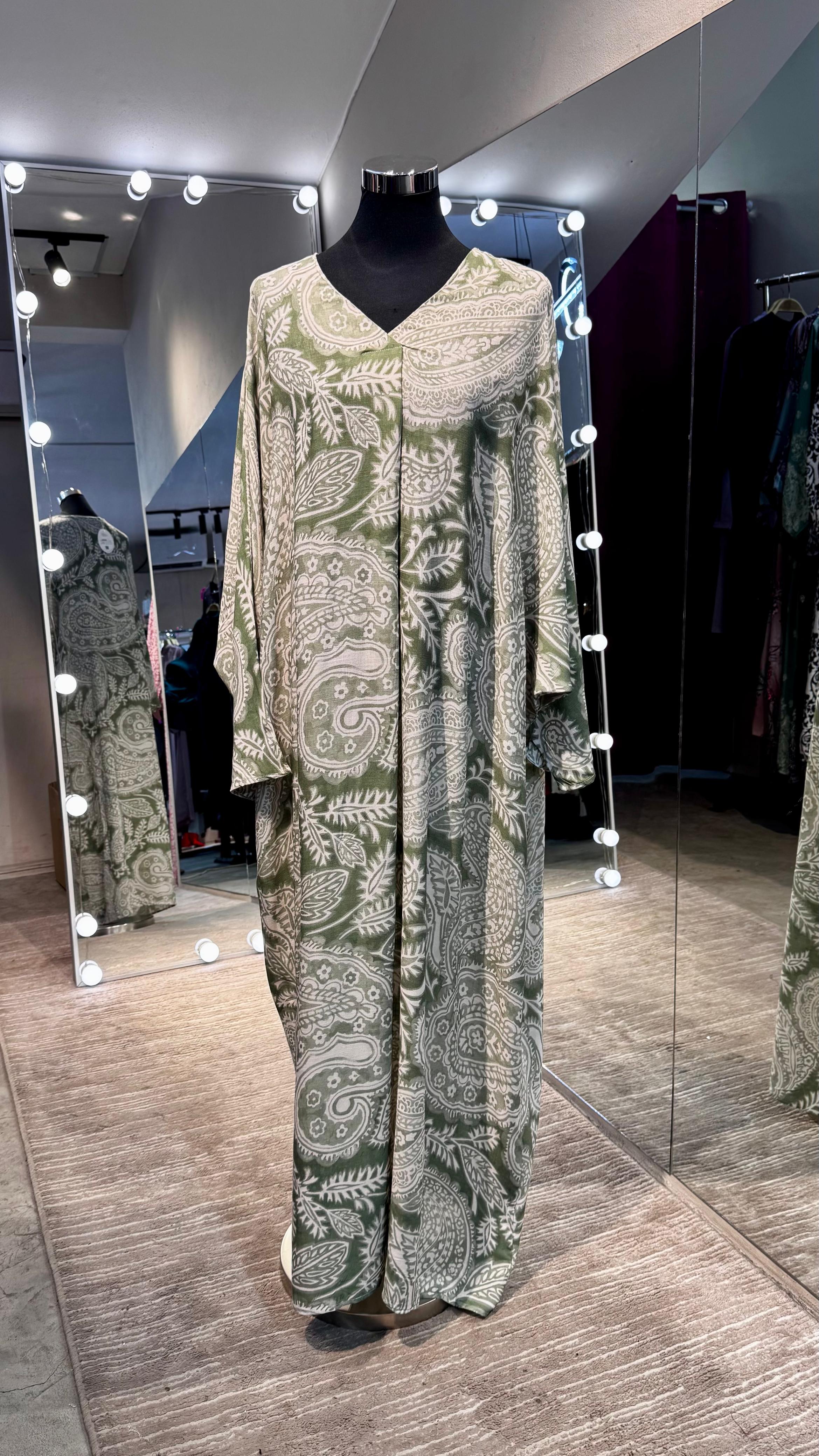 Musk green cotton V neck dress with kashmir printing