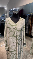 Musk green cotton V neck dress with kashmir printing