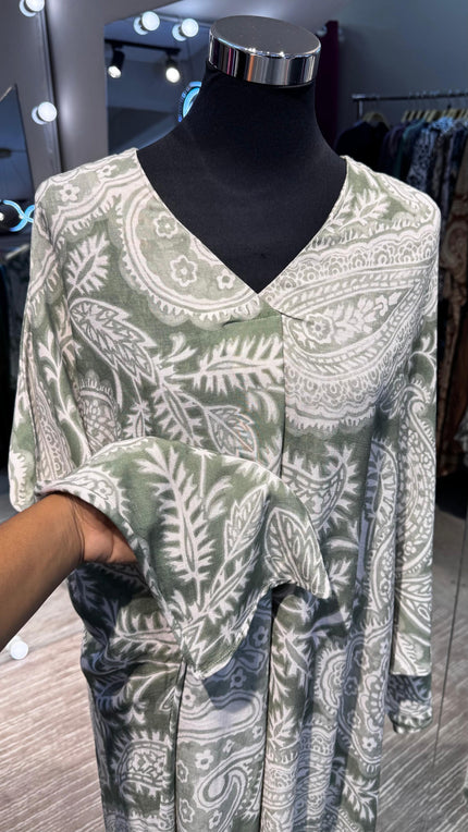 Musk green cotton V neck dress with kashmir printing