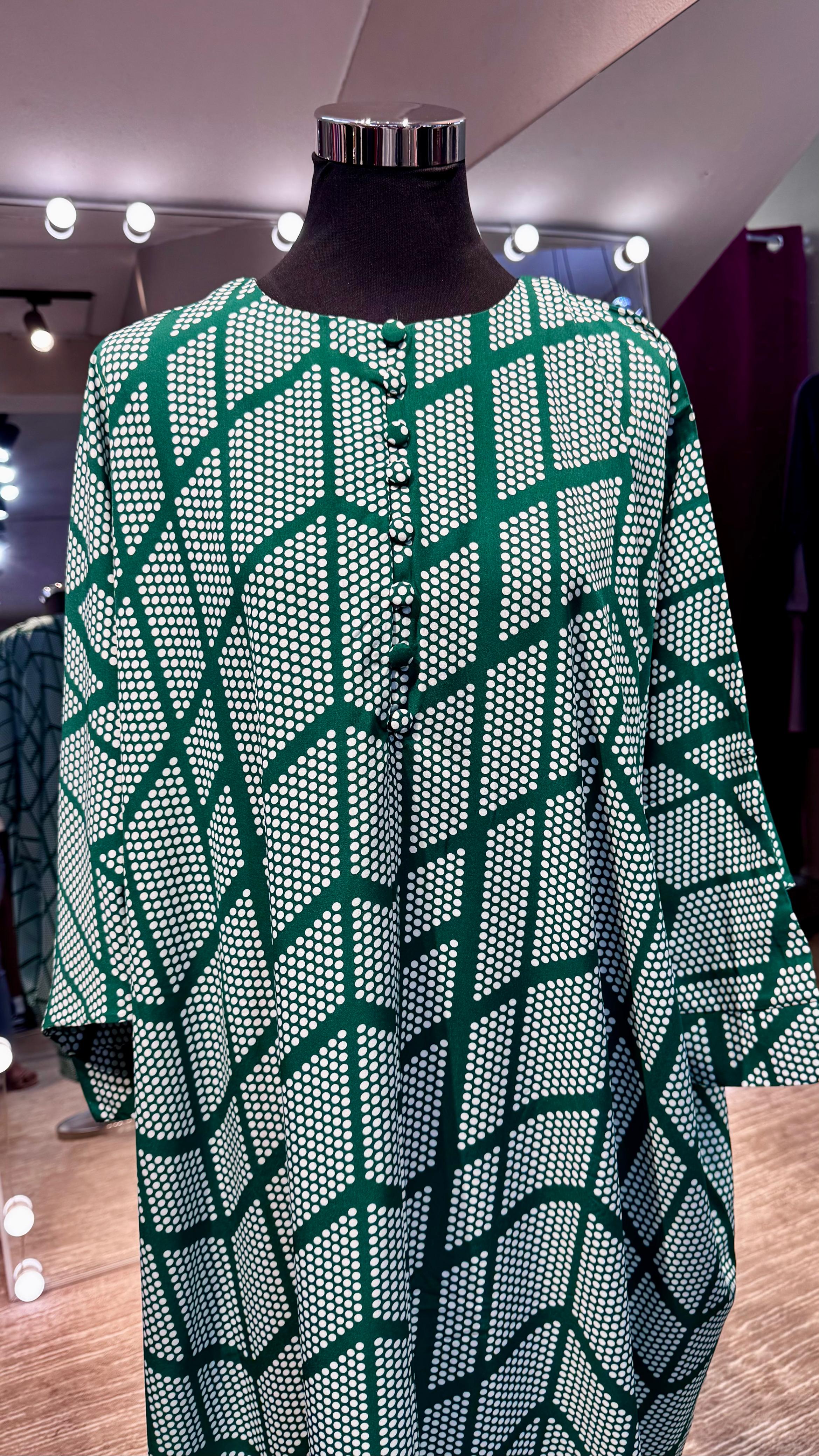 Green Farasha Kaftan with dots printing
