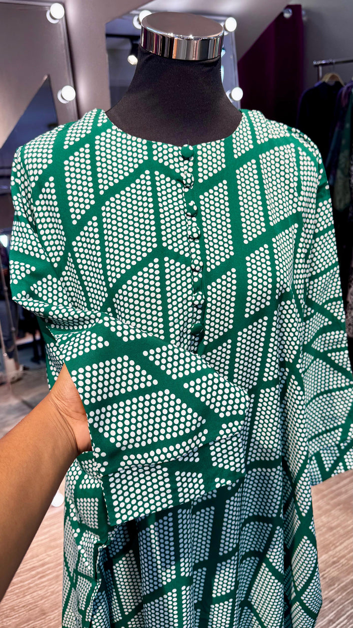 Green Farasha Kaftan with dots printing