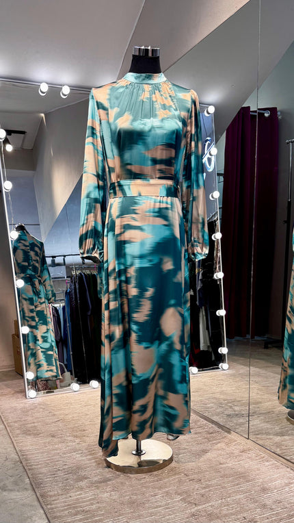 Teal Marble waves satin Turtle neck dress