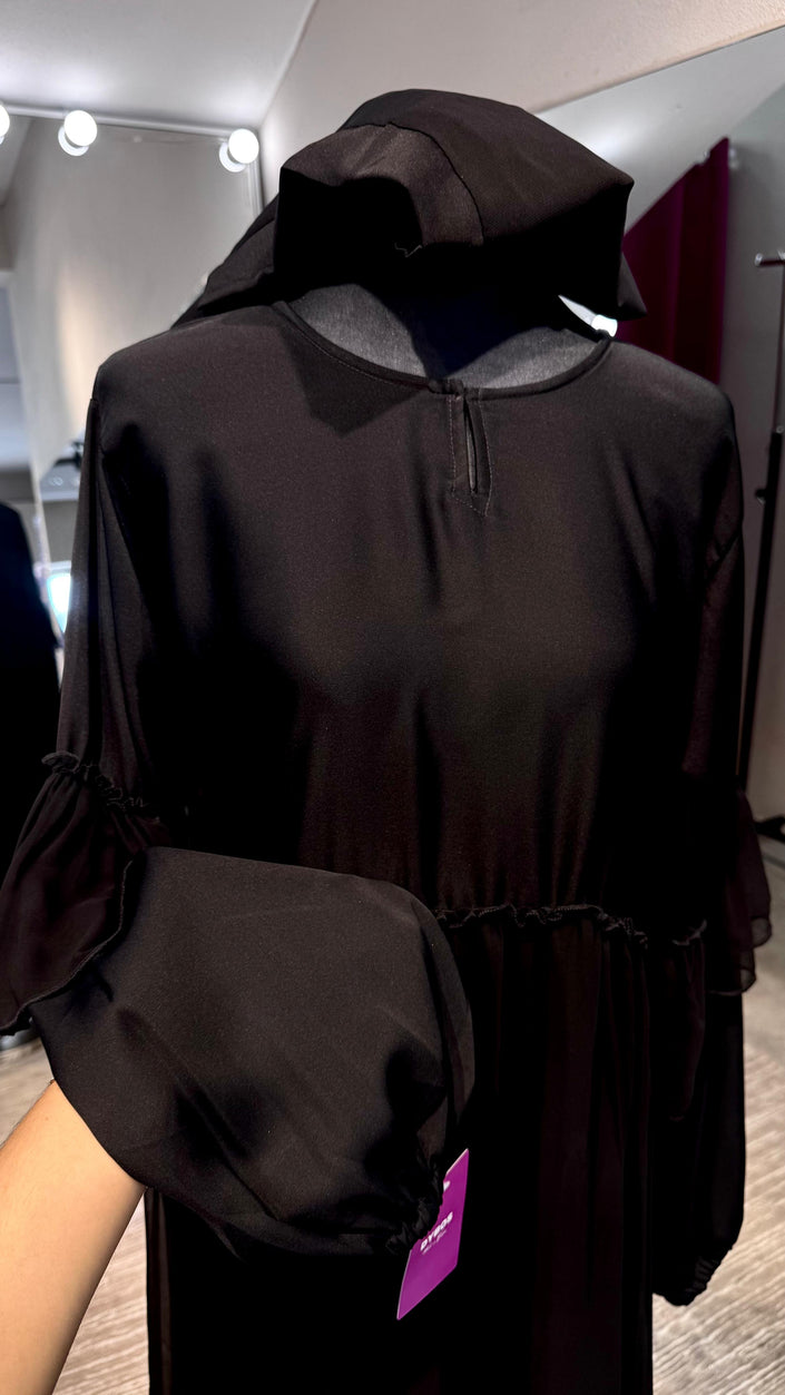 Black Nida and Pleated Chiffon combination Abaya Dress