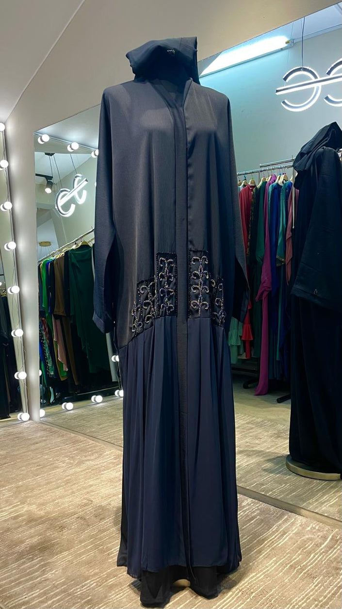 Dark Blue Zoom Abaya With Pleated and Beads design.