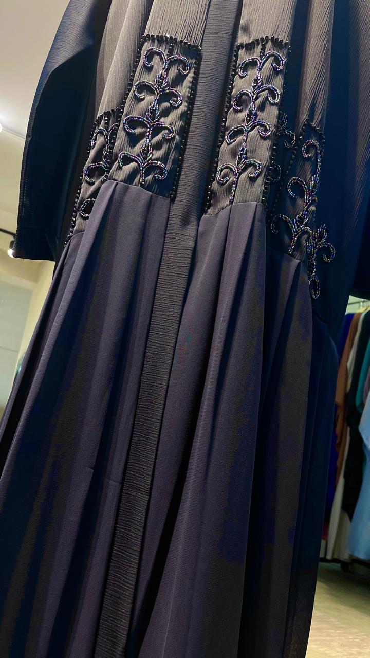 Dark Blue Zoom Abaya With Pleated and Beads design.