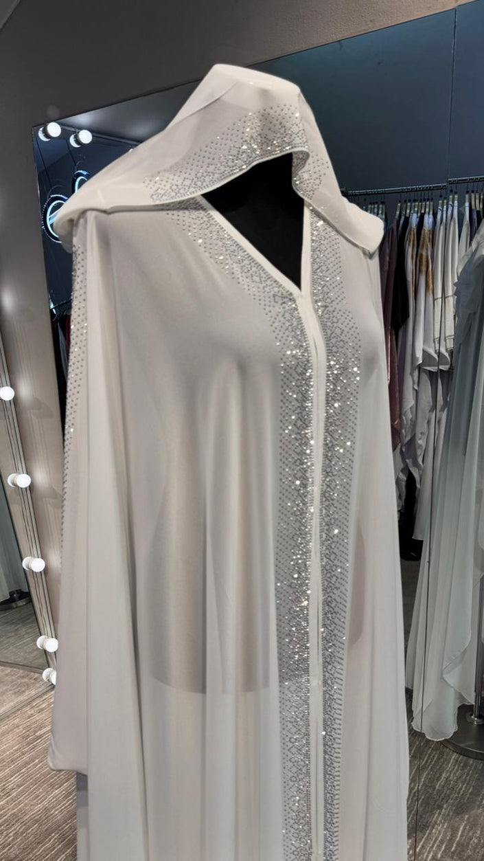 White Chiffon Farasha Throw with Attached Hijab & Elegant Stone Detailing