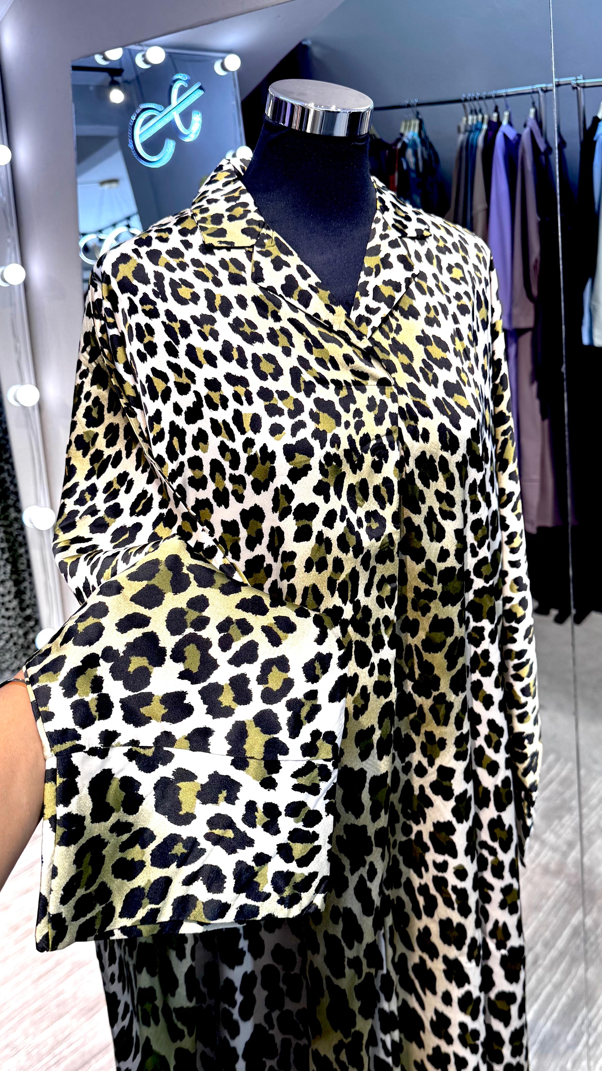Green Satin Leopard printing Kaftan