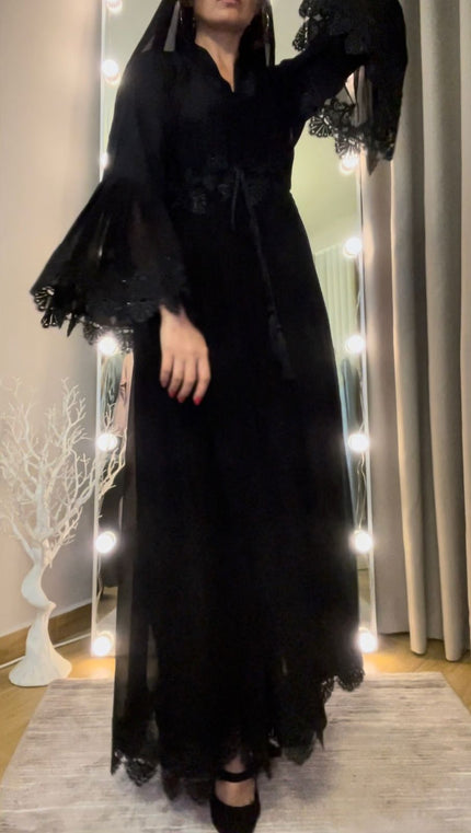 Black A-Line Nida and Chiffon combination Abaya Dress with lace lining and stones