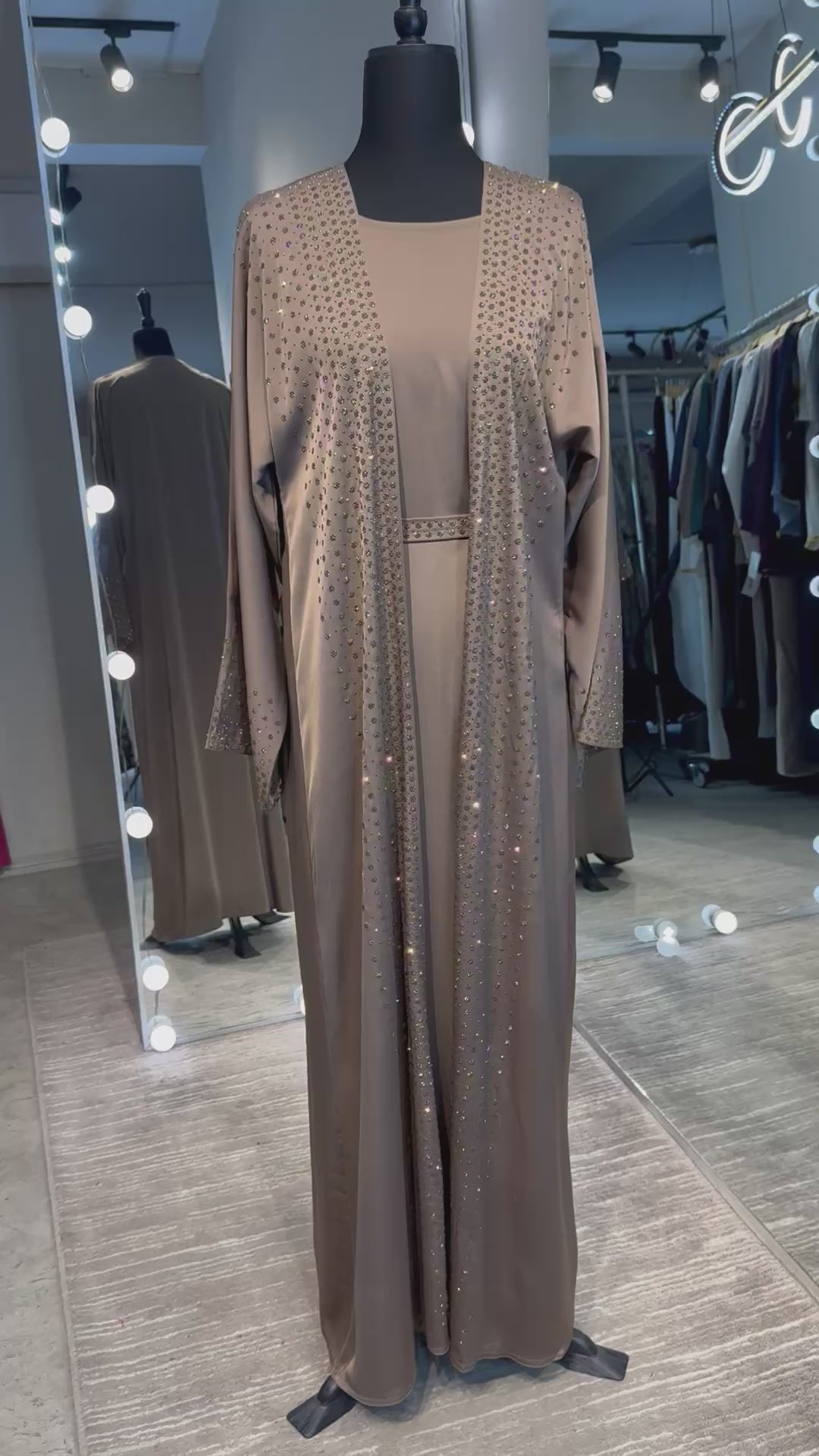 4 Piece Abaya Set with Hijab and Belt – Rainbow Stone Silky Zoom - Taupe