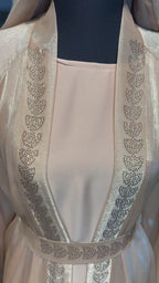4 Piece Abaya Set with Hijab – Silky Zoom & Organza Umbrella Cut Robe- Beige