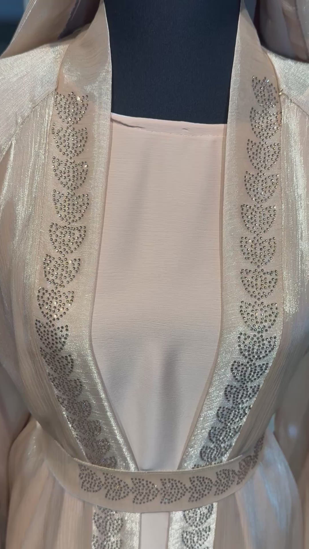 4 Piece Abaya Set with Hijab – Silky Zoom & Organza Umbrella Cut Robe- Beige