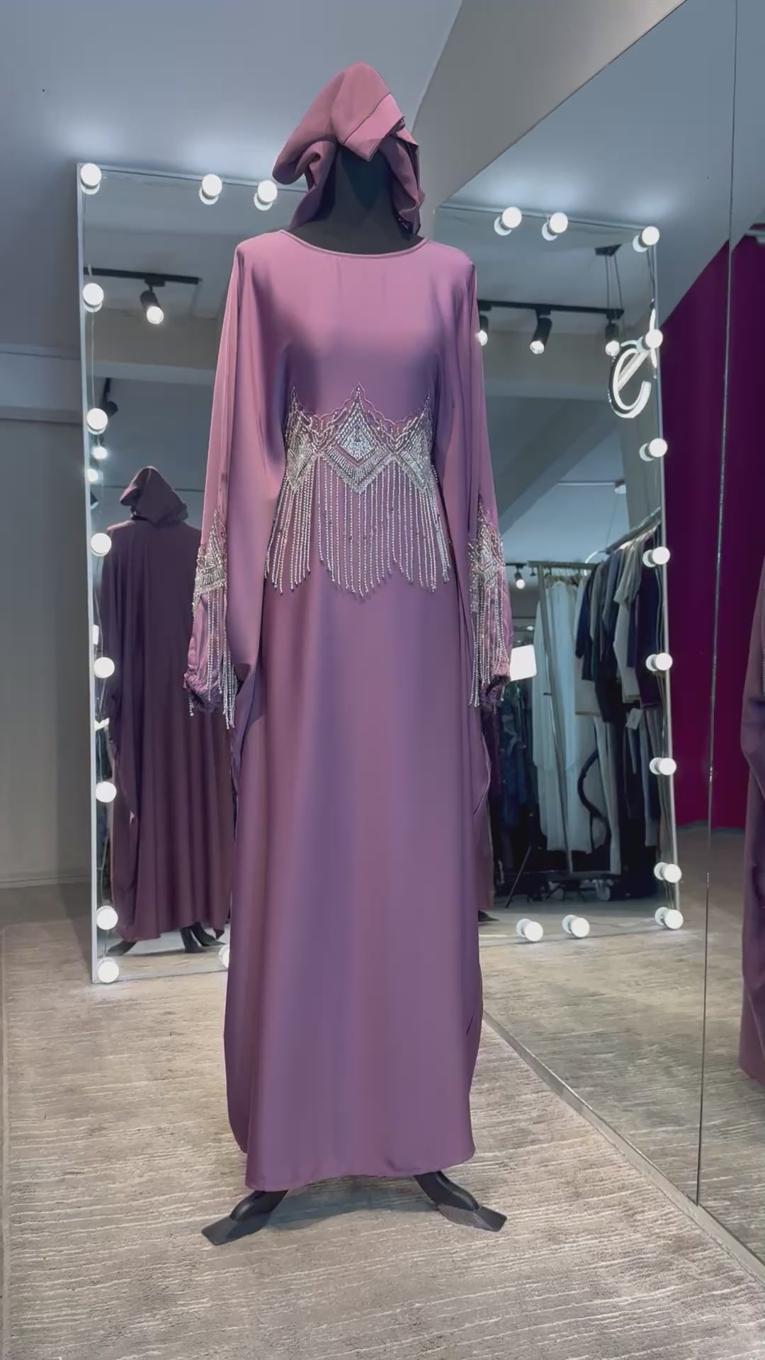 Farasha Abaya Set with Hijab – 2 Piece Beaded Modest Outfit -Rose Mauve