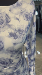 Satin Printed Casual Abaya Dress with Chiffon Hijab – 2 Piece - White & Gray Blue