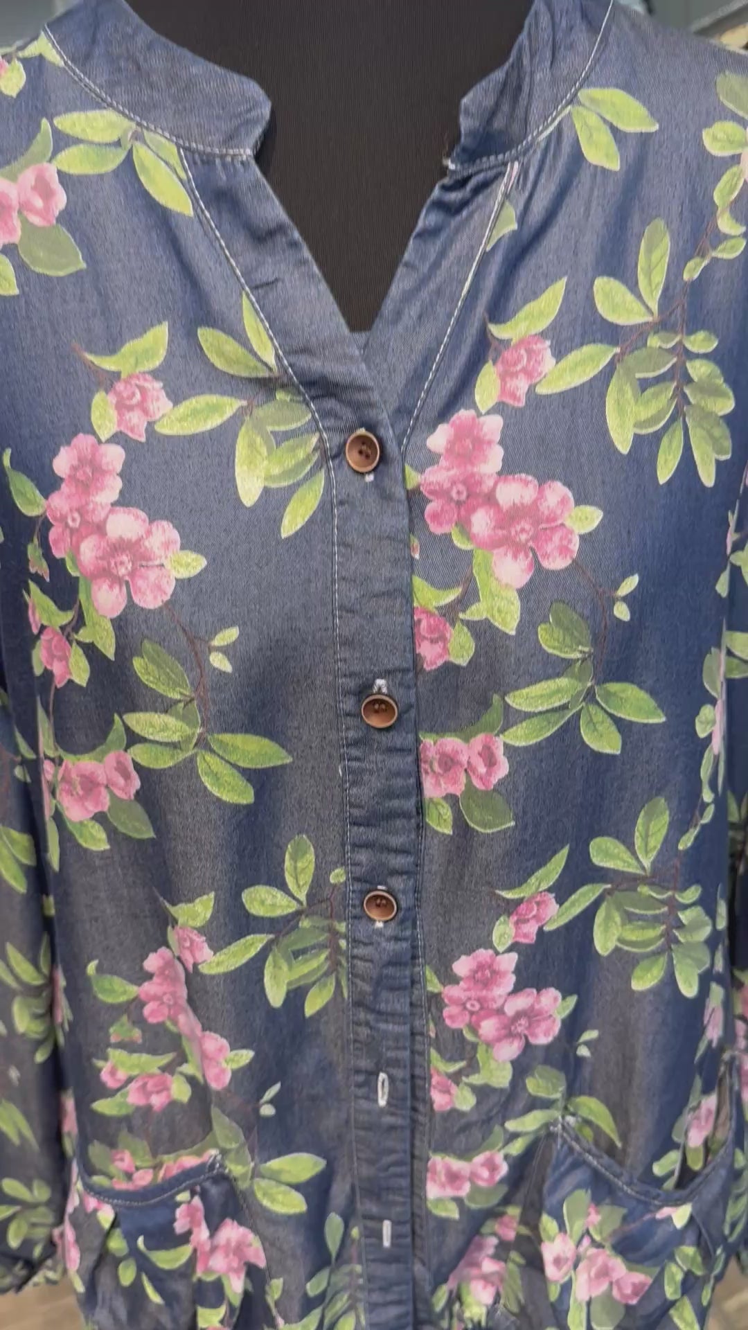 Denim 2-Piece Set –  Inner & Floral Blouse- Dark Jeans Blue