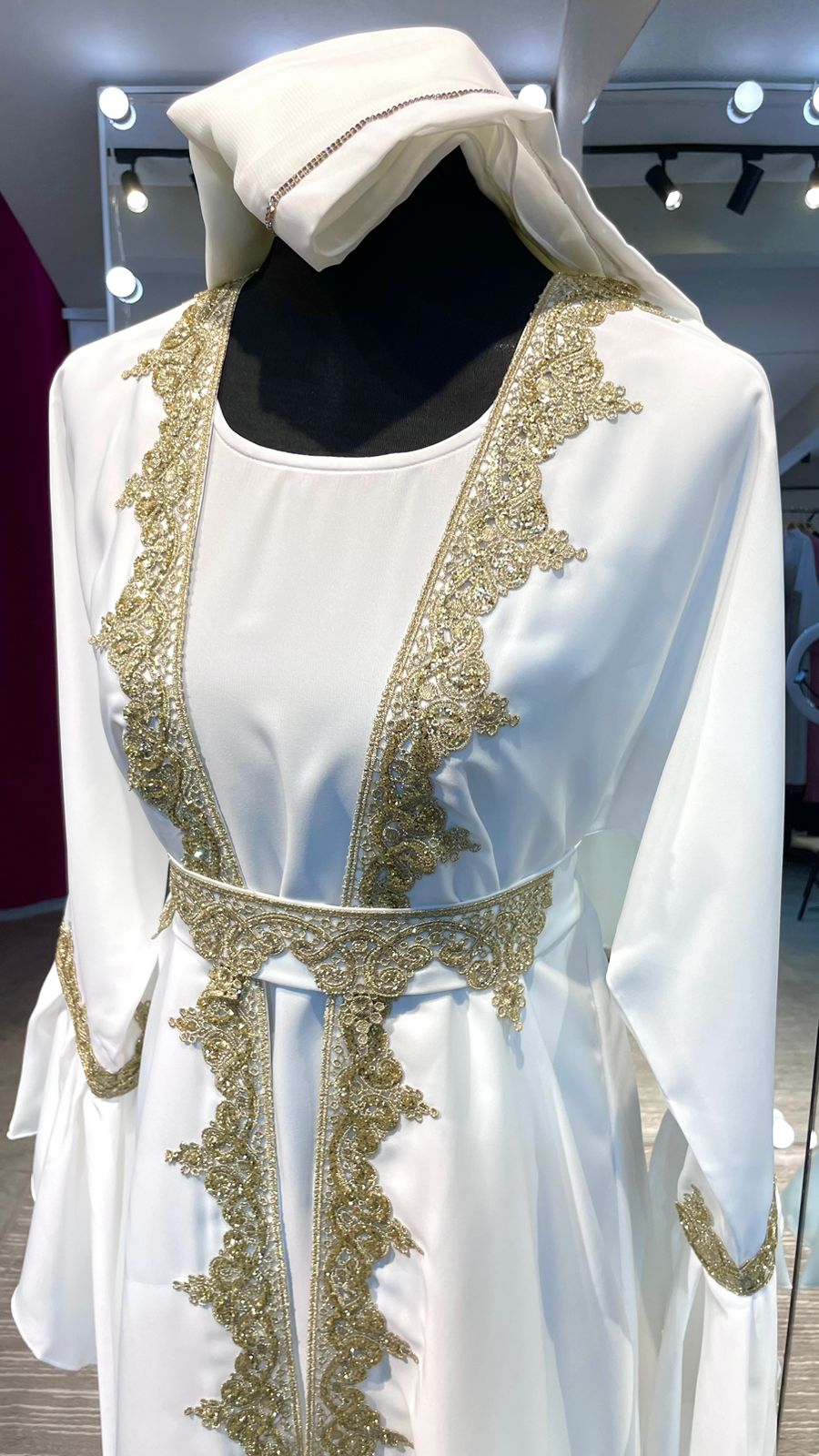 White Flare Sleeve Abaya Dress with Gold Embellishment