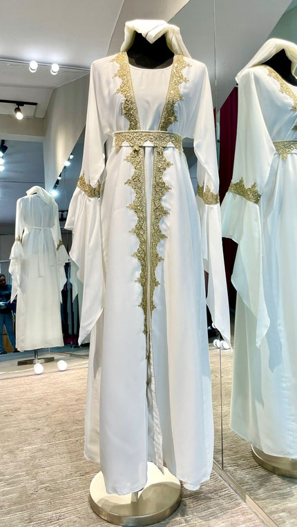 White Flare Sleeve Abaya Dress with Gold Embellishment