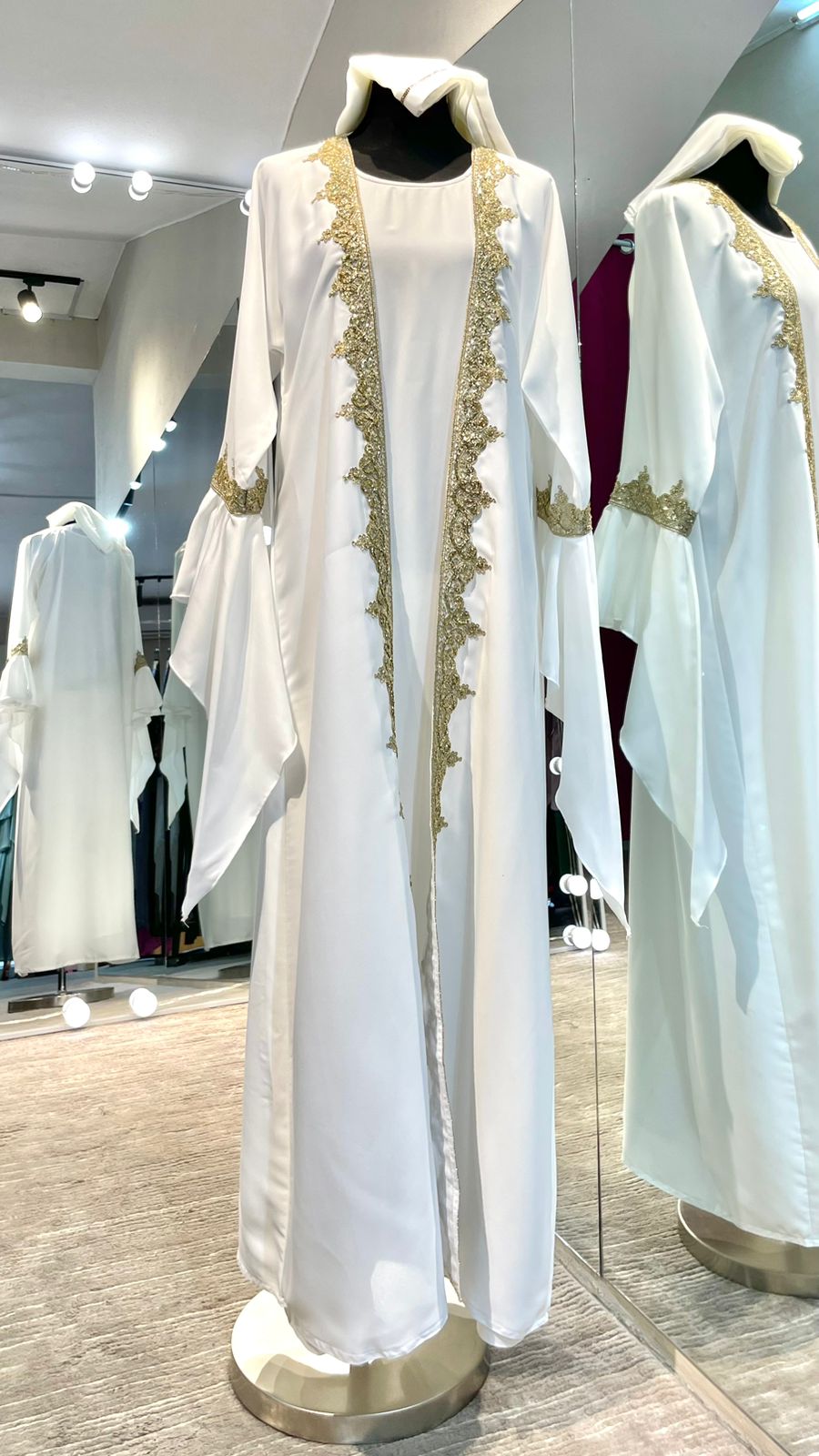 White Flare Sleeve Abaya Dress with Gold Embellishment